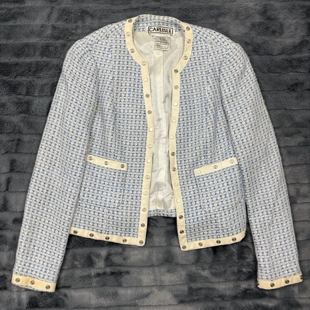 Carlisle Womens Blue White Tweed Studded Trim Jacket Blazer Size 0 Vintage Style